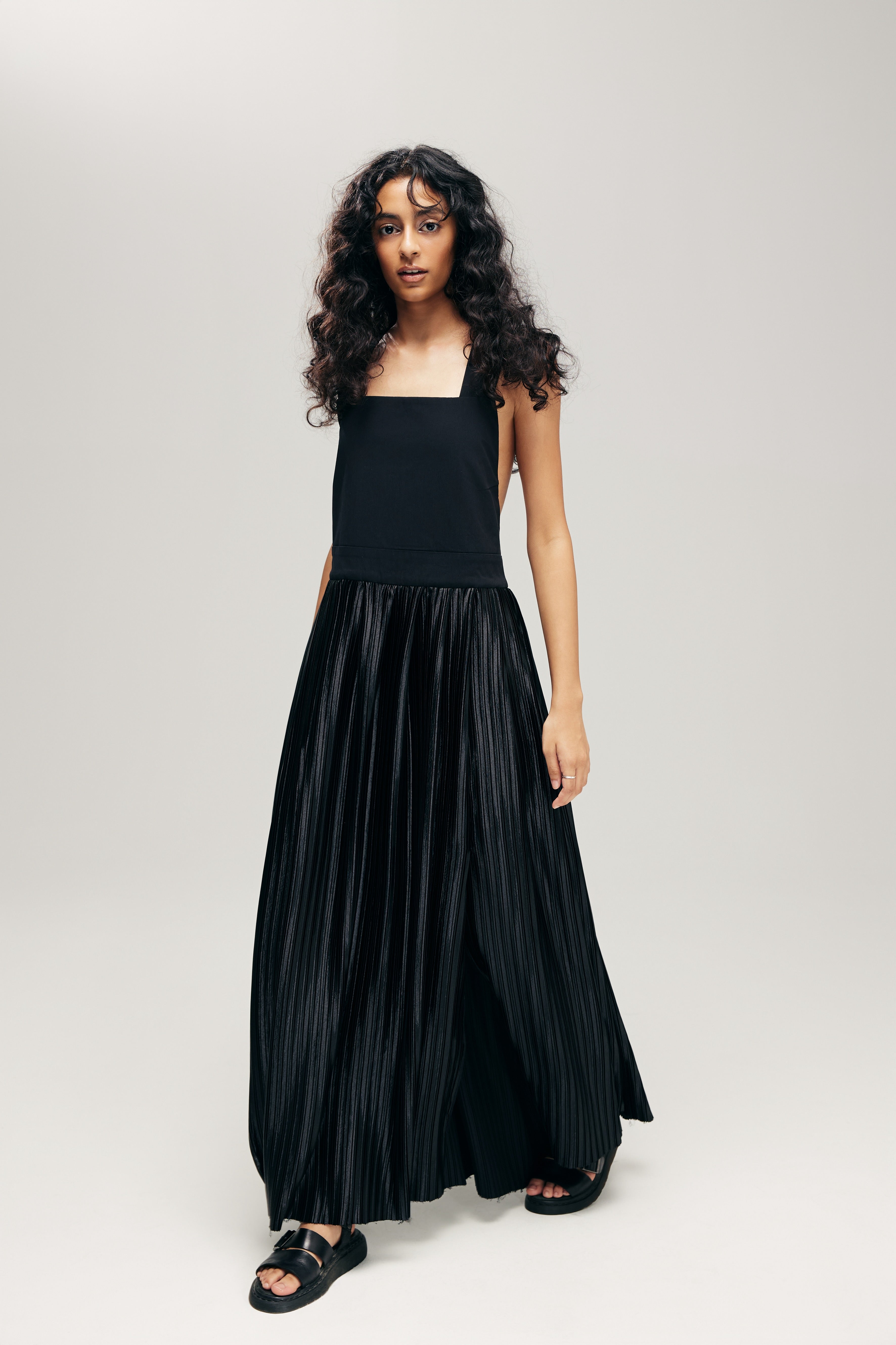 black pleated overall dress HANNEI OVERALL DRESS IN BLACK METALLIC 3EIGHTH